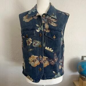 VTG Women's M All Over Butterfly Floral Print Festival Denim Vest Made in USA